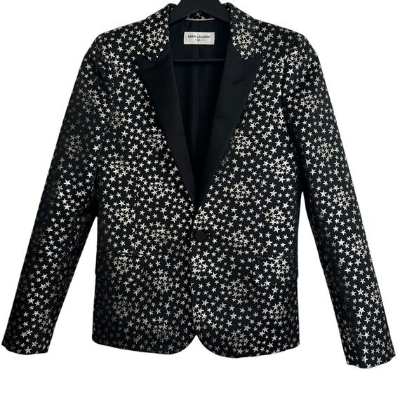 Saint Laurent Iconic Le Smoking Jacket Black w/ Silver Star Woven Jacquard FR 34 - Picture 14 of 15